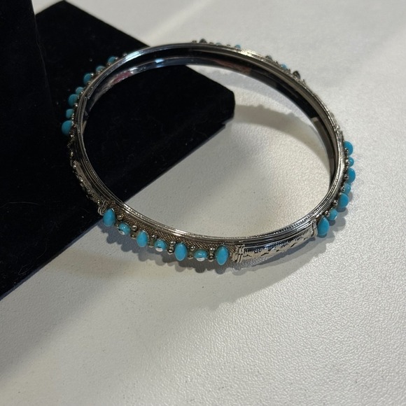 Vintage Style Silver Tone Bangle Bracelet Turquoise Cabochons Beaded Edge - Picture 1 of 4